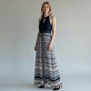Vince Camuto Barktooth Sleeveless High Neck Maxi Dress Dark Blue White Womens 6